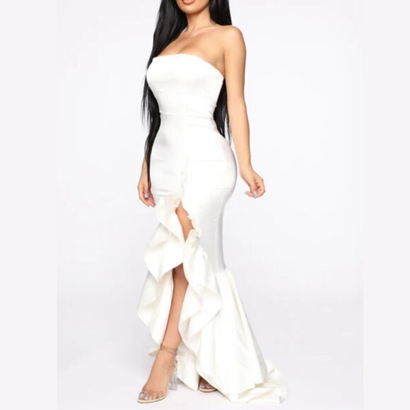 Fashion Nova Attentions On Me Satin Gown White Dress Flowy Slit Leg Strapless - Picture 1 of 5